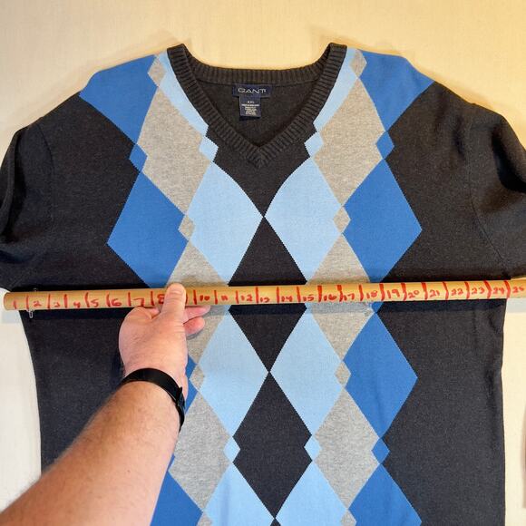 Gant Vintage Made in Hong Kong 100% Cotton Blue Argyle V-Neck Sweater Men's XXL - Picture 5 of 10